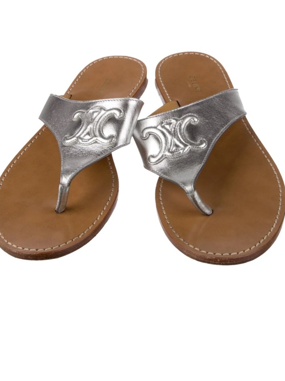 Celine Triomphe Leather Sandal, Silver size 8